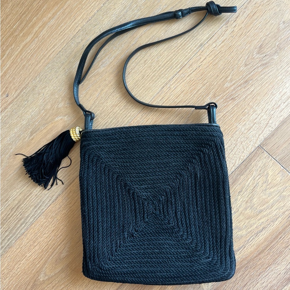Elegant Black Woven Shoulder Bag leather details, vintage one of a kind